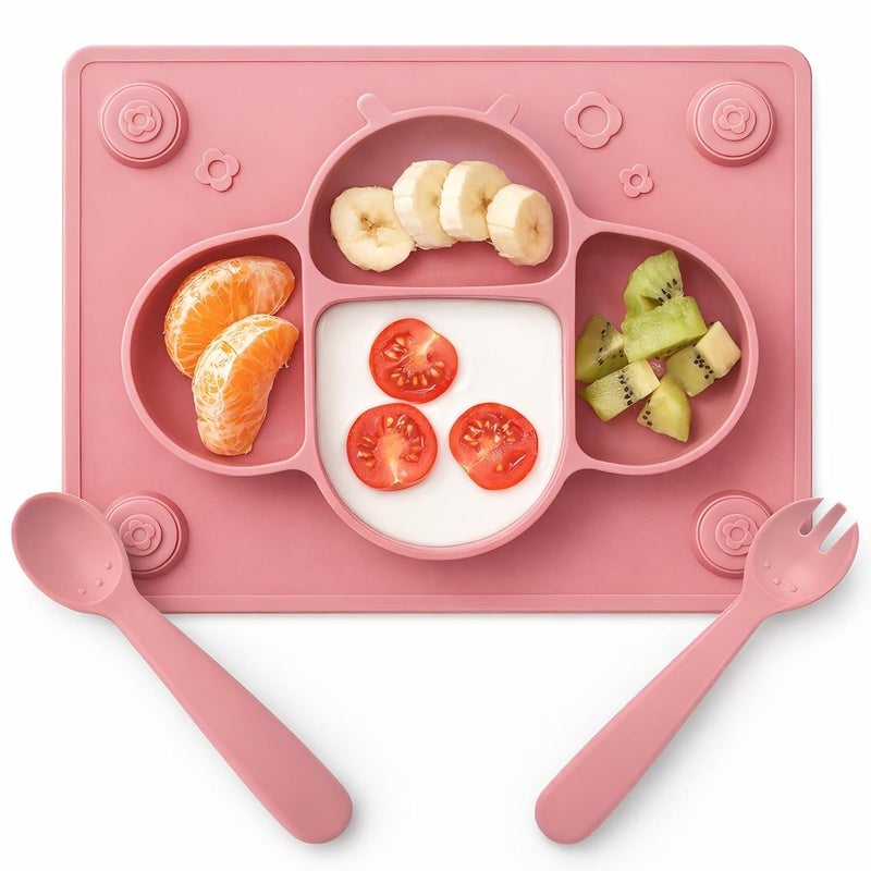 ROCCED Suction Plates for Baby Placemat Spoon Fork Set for Toddlers, Silicone Baby Plates with Suction Baby Dishes for Kids Plates-pale mauve - Image 1